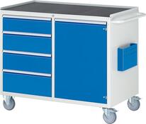 Montagewagen mit Metall Platte, BxTxH 1145x650x975 mm, 4 Schubladen 1x150, 2x180, 1x210 mm, 1 x Flügeltür 720 mm, RAL 7035/5010 Montagewagen mit Metall Platte, BxTxH 1145x650x975 mm, 4 Schubladen 1x150, 2x180, 1x210 mm, 1 x Flügeltür 720 mm, RAL 7035/5010