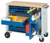 Werkzeugwagen, Platte Buche 25 mm, 1 Vertikalauszug, 5 Schubladen: 3x65, 2x130 mm, BxTxH 1000x520x860 mm Werkzeugwagen, Platte Buche 25 mm, 1 Vertikalauszug, 5 Schubladen: 3x65, 2x130 mm, BxTxH 1000x520x860 mm
