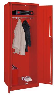 Garderobenschrank mit Sockel, 1 fester Fachboden, 1 Stange mit 10 Haken, BxTxH 600x500x1800 mm, RAL 3000 | Flügel-/Falt- und Einschwenktürenschränke | Materialschränke | Werkstatteinrichtung | Lager- und Betriebseinrichtungen | Produkte